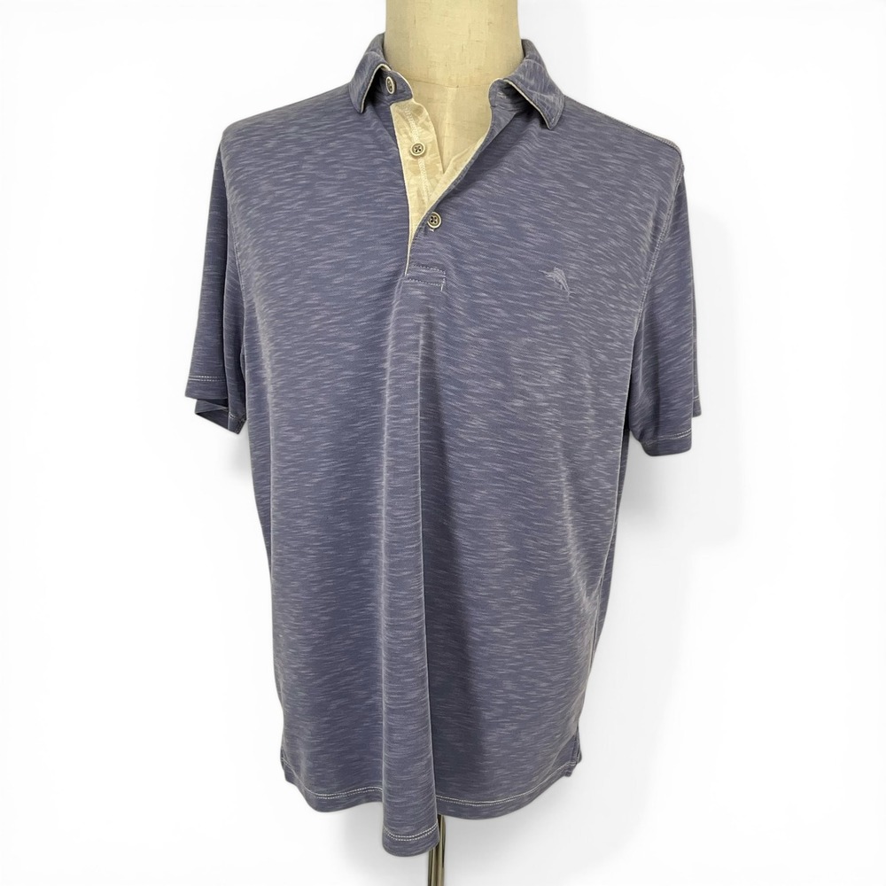 Tommy Bahama Mens Blue Space Dye Tencel Modal Polo Shirt Large Short Sleeve Logo